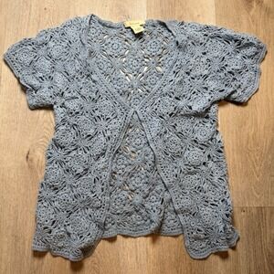 BECHAMEL Womens‎ Crochet Cardigan Top Size L Ramie Cotton Short Sleeves Blue